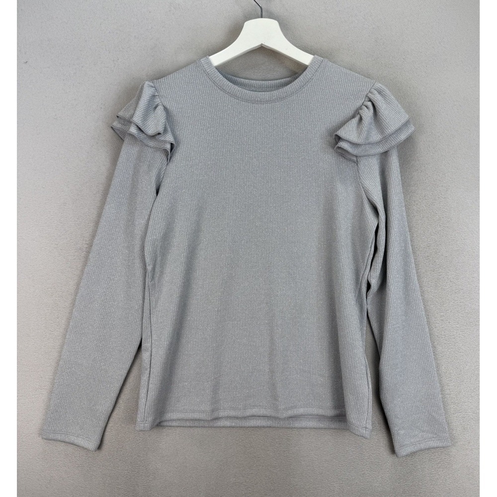 Gap Women's Sz‎ L Gray Shimmery Ruffle Shoulder Ribbed Pullover Sweater NWT